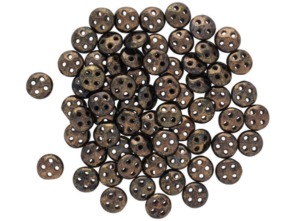 CzechMates Glass, 4-Hole QuadraLentil Beads 6mm, Jet Bronze Picasso