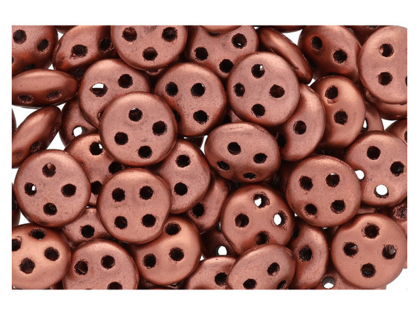 Add warmth to designs with these CzechMates QuadraLentil beads. These beads feature a disc shape with a slightly puffed dimension. Each bead features four stringing holes for endless design possibilities. Use them in bead weaving, multi-strand stringing projects, or try them as links. These beads truly allow you to get creative when designing jewelry. They feature a warm, coppery hue with a soft metallic sheen. 