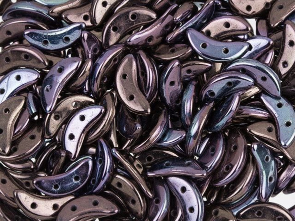 Shine in your designs with the CzechMates glass 4x10mm 2-hole metallic amethyst luster crescent beads. These flat beads feature a crescent shape, like a moon. Two stringing holes run through the center of the shape, so you can add it to designs in unique ways. Layer it with other beads in bead weaving or use it to add dimension to stringing projects. It would make an interesting element in bead embroidery. They feature a deep purple color with a metallic shine. 