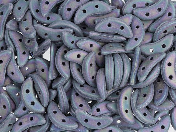 Magical style can be yours with the CzechMates glass 4x10mm 2-hole matte purple Iris crescent beads. These flat beads feature a crescent shape, like a moon. Two stringing holes run through the center of the shape, so you can add it to designs in unique ways. Layer it with other beads in bead weaving or use it to add dimension to stringing projects. It would make an interesting element in bead embroidery. They feature purplish-blue color with a subtle iridescence around the edges. 
