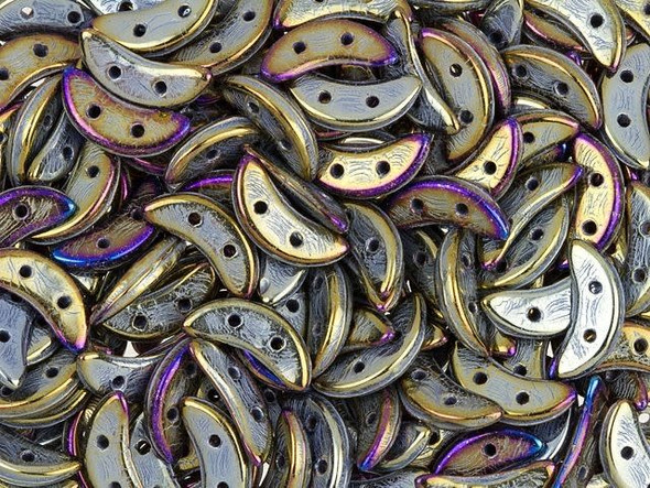 A wonderful display of color fills the CzechMates glass 4x10mm 2-hole brown Iris crescent beads. These flat beads feature a crescent shape, like a moon. Two stringing holes run through the center of the shape, so you can add it to designs in unique ways. Layer it with other beads in bead weaving or use it to add dimension to stringing projects. It would make an interesting element in bead embroidery. They feature dark silvery gold color with purple and blue iridescence around the edges. 