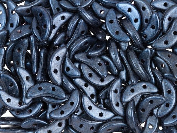 Daring style can be yours with the CzechMates glass 4x10mm 2-hole dark blue metallic suede crescent beads. These flat beads feature a crescent shape, like a moon. Two stringing holes run through the center of the shape, so you can add it to designs in unique ways. Layer it with other beads in bead weaving or use it to add dimension to stringing projects. It would make an interesting element in bead embroidery. They feature midnight blue-black color with a subtle metallic sheen. 