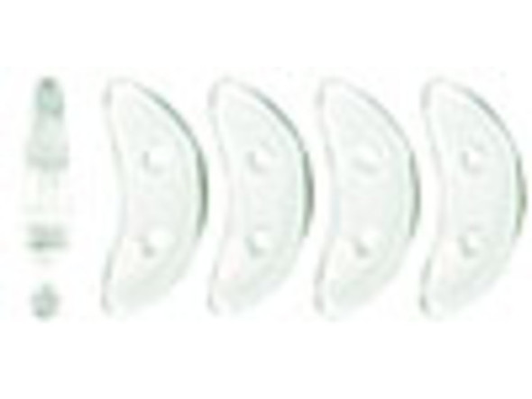 Bring a unique look to your jewelry designs with the CzechMates glass 4x10mm crystal 2-hole crescent beads. These flat beads feature a crescent shape, like a moon. Two stringing holes run through the center of the shape, so you can add it to designs in unique ways. Layer them with other beads in bead weaving projects or use them to add dimension to stringing projects. They would make interesting elements in bead embroidery. These beads feature a versatile clear color. 