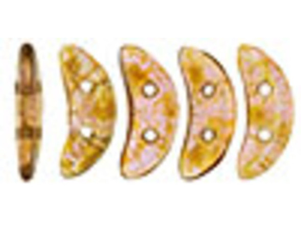Rich and regal style fills the CzechMates glass 4x10mm 2-hole rose gold topaz luster crescent beads. These flat beads feature a crescent shape, like a moon. Two stringing holes run through the center of the shape, so you can add it to designs in unique ways. Layer it with other beads in bead weaving or use it to add dimension to stringing projects. It would make an interesting element in bead embroidery. They feature deep amber color with a golden green luster. 