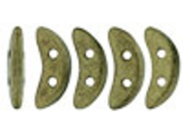 Rich elegance fills the CzechMates glass 4x10mm 2-hole gold metallic suede crescent beads. These flat beads feature a crescent shape, like a moon. Two stringing holes run through the center of the shape, so you can add it to designs in unique ways. Layer it with other beads in bead weaving or use it to add dimension to stringing projects. It would make an interesting element in bead embroidery. They feature dark brassy gold color with a subtle metallic sheen. 