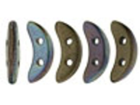 Dress up designs with the CzechMates glass 4x10mm 2-hole matte jet bronze Vega crescent beads. These flat beads feature a crescent shape, like a moon. Two stringing holes run through the center of the shape, so you can add it to designs in unique ways. Layer it with other beads in bead weaving or use it to add dimension to stringing projects. It would make an interesting element in bead embroidery. They feature brown and denim colors with hints of purple and a subtle metallic sheen. 