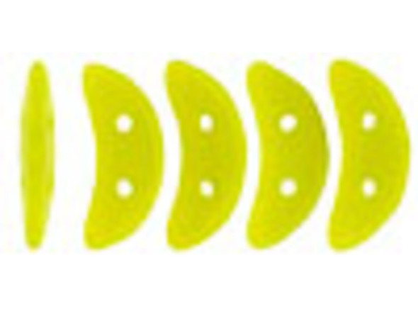 Add lively color to designs with the CzechMates glass 4x10mm 2-hole chartreuse crescent beads. These flat beads feature a crescent shape, like a moon. Two stringing holes run through the center of the shape, so you can add it to designs in unique ways. Layer it with other beads in bead weaving or use it to add dimension to stringing projects. It would make an interesting element in bead embroidery. They feature a bright shade of moss green. 