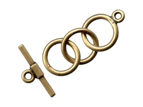   These bar and ring sets can be clasped with one hand making  them ideal for bracelets and watches.    Please note: The last few beads you put near the clasp should  be small, to make sure the bar will go all the way through  the ring (making the clasp easier to close).    Size listed is outside diameter of the ring (excluding its  loop) and the length of the bar. Price is per set, rather than per  piece.      Toggle Clasps and Bracelets    It's true! Toggles can be clasped with one hand, so they are good  for bracelets, including watch bracelets. Here's a hint to help  make sure no one loses one of your creations: When using toggle  clasps for bracelets, the bracelet must fit the customer fairly  well. If the bracelet is too loose, a short toggle bar might wiggle  itself out of its loop. Longer bars can help solve the  problem, but won't eliminate it. To size your bracelets to your  customers' wrists you might want to use a few chain links at the  end, between the clasp and the last beads. Then you can remove or  add links at the time of sale. Or if you really have a good thing  going, make 6.5", 7", and 8" versions of your best-selling patterns  and colors of bracelets.  See Related Products links (below) for similar items and additional jewelry-making supplies that are often used with this item.