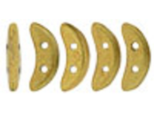 For treasured style in your designs, try the CzechMates glass 4x10mm saturated metallic gold 2-hole crescent beads. These flat beads feature a crescent shape, like a moon. Two stringing holes run through the center of the shape, so you can add it to designs in unique ways. Layer them with other beads in bead weaving projects or use them to add dimension to stringing projects. They would make interesting elements in bead embroidery. These beads feature rich gold color with a metallic sheen. 
