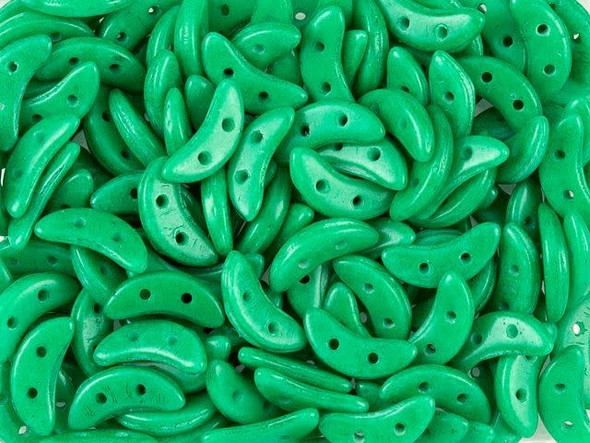For unique dimension in your beading projects, try the CzechMates Crescent Beads. These flat beads feature a crescent shape, like a moon. Two stringing holes run through the center of the shape, so you can add it to designs in innovative ways. Layer it with other beads in bead weaving or use it to add dimension to stringing projects. It would make an interesting element in bead embroidery, too. These beads feature vibrant emerald green color. 