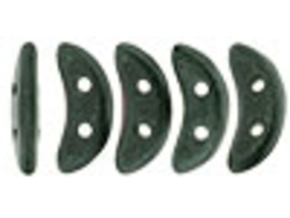 Deep color fills the CzechMates glass 4x10mm 2-hole dark forest green metallic suede crescent beads. These flat beads feature a crescent shape, like a moon. Two stringing holes run through the center of the shape, so you can add it to designs in unique ways. Layer it with other beads in bead weaving or use it to add dimension to stringing projects. It would make an interesting element in bead embroidery. They feature dark green color with a subtle metallic sheen. 