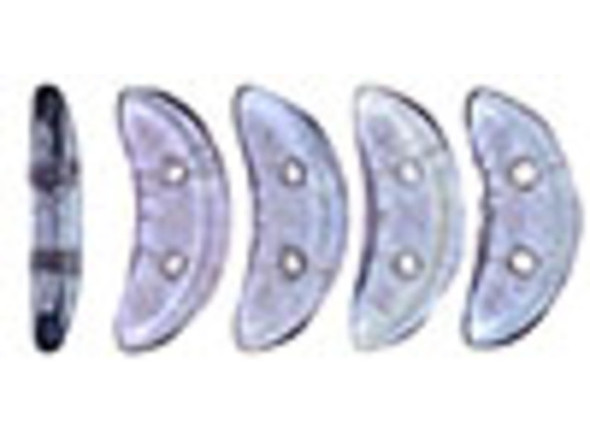 Sleek style fills the CzechMates glass 4x10mm 2-hole transparent amethyst luster crescent beads. These flat beads feature a crescent shape, like a moon. Two stringing holes run through the center of the shape, so you can add it to designs in unique ways. Layer it with other beads in bead weaving or use it to add dimension to stringing projects. It would make an interesting element in bead embroidery. They feature a metallic silvery purple color. 