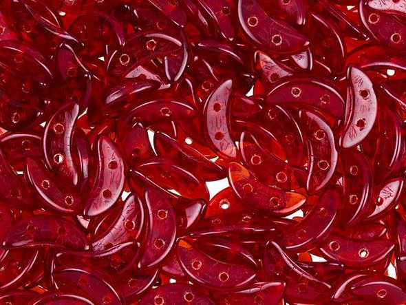 Dramatic style can be yours with the CzechMates glass 4x10mm 2-hole Siam ruby crescent beads. These flat beads feature a crescent shape, like a moon. Two stringing holes run through the center of the shape, so you can add it to designs in unique ways. Layer it with other beads in bead weaving or use it to add dimension to stringing projects. It would make an interesting element in bead embroidery. They feature a deep transparent red color. 