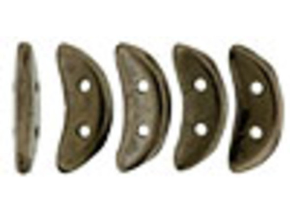 Dark elegance fills the CzechMates glass 4x10mm 2-hole dark bronze crescent beads. These flat beads feature a crescent shape, like a moon. Two stringing holes run through the center of the shape, so you can add it to designs in unique ways. Layer it with other beads in bead weaving or use it to add dimension to stringing projects. It would make an interesting element in bead embroidery. They feature a dark brown color with a metallic shine. 