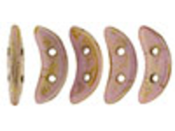 Add elegant touches to designs with these CzechMates crescent beads. These flat beads feature a crescent shape, like a moon. Two stringing holes run through the center of each shape, so you can add them to designs in unique ways. Layer them with other beads in bead weaving or use them to add dimension to stringing projects. They would make interesting elements in bead embroidery. They feature dusty pink and brown tones with a golden gleam. 