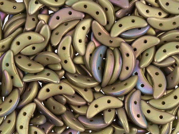 Mesmerizing style fills the CzechMates glass 4x10mm 2-hole matte oxidized bronze clay crescent beads. These flat beads feature a crescent shape, like a moon. Two stringing holes run through the center of the shape, so you can add it to designs in unique ways. Layer it with other beads in bead weaving or use it to add dimension to stringing projects. It would make an interesting element in bead embroidery. They feature soft olive color with a subtle oxidized sheen. 