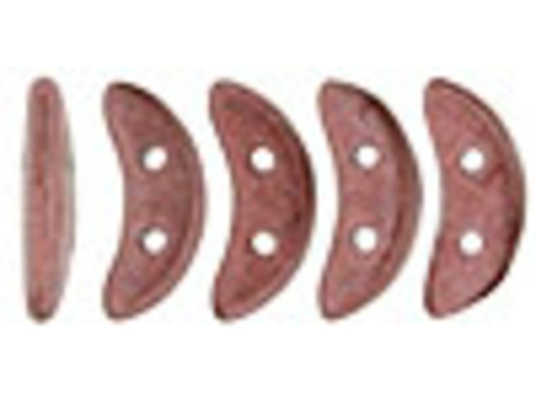 Put a deep blush of color into your designs with the CzechMates glass 4x10mm saturated metallic copper pink 2-hole crescent beads. These flat beads feature a crescent shape, like a moon. Two stringing holes run through the center of the shape, so you can add it to designs in unique ways. Layer them with other beads in bead weaving projects or use them to add dimension to stringing projects. They would make interesting elements in bead embroidery. These beads feature warm red color with pink and copper undertones and a metallic sheen. 