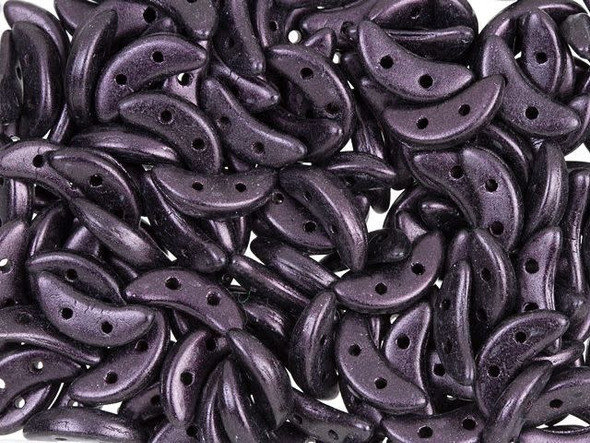 You'll love the regal style of the CzechMates glass 4x10mm 2-hole dark plum metallic suede crescent beads. These flat beads feature a crescent shape, like a moon. Two stringing holes run through the center of the shape, so you can add it to designs in unique ways. Layer it with other beads in bead weaving or use it to add dimension to stringing projects. It would make an interesting element in bead embroidery. They feature dark purple color with a subtle metallic sheen. 
