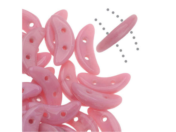 Make a sweet display in your designs with the CzechMates glass 4x10mm 2-hole coral pink crescent beads. These flat beads feature a crescent shape, like a moon. Two stringing holes run through the center of the shape, so you can add it to designs in unique ways. Layer it with other beads in bead weaving or use it to add dimension to stringing projects. It would make an interesting element in bead embroidery. They feature sweet pink color. 