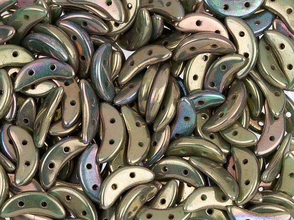 A rich display fills the CzechMates glass 4x10mm 2-hole oxidized bronze clay crescent beads. These flat beads feature a crescent shape, like a moon. Two stringing holes run through the center of the shape, so you can add it to designs in unique ways. Layer it with other beads in bead weaving or use it to add dimension to stringing projects. It would make an interesting element in bead embroidery. They feature olive green color with an oxidized luster. 