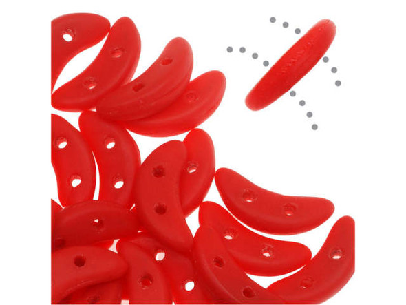 Keep your designs unique with the CzechMates glass 4x10mm 2-hole matte opaque red crescent beads. These flat beads feature a crescent shape, like a moon. Two stringing holes run through the center of the shape, so you can add it to designs in unique ways. Layer it with other beads in bead weaving or use it to add dimension to stringing projects. It would make an interesting element in bead embroidery. They feature red color with a soft matte appearance. 
