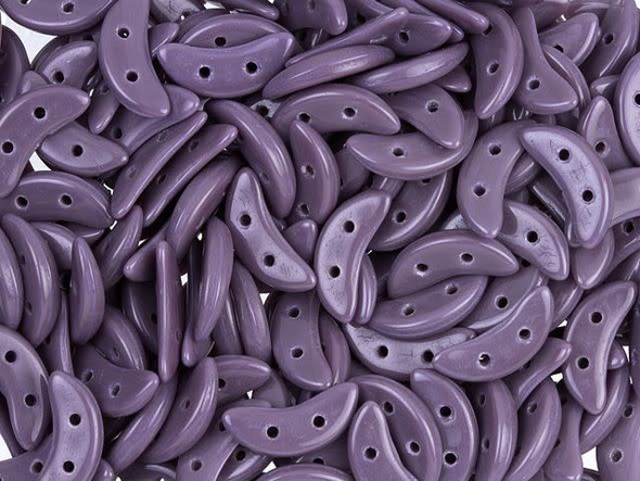 Delightful style can be yours with the CzechMates glass 4x10mm 2-hole opaque purple crescent beads. These flat beads feature a crescent shape, like a moon. Two stringing holes run through the center of the shape, so you can add it to designs in unique ways. Layer it with other beads in bead weaving or use it to add dimension to stringing projects. It would make an interesting element in bead embroidery. They feature a soft purple color. 