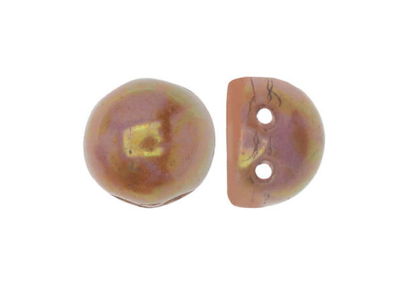 CzechMates Glass, 2-Hole Round Cabochon Beads 7mm Diameter, Opaque Rose / Gold Topaz Luster