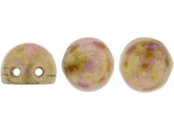 CzechMates Glass, 2-Hole Round Cabochon Beads 7mm Diameter, Opaque Rose / Gold Topaz Luster