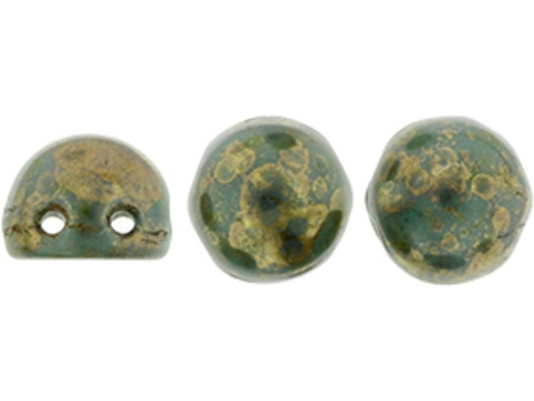 You'll love the captivating look of these CzechMates cabochon beads. These beads feature a round domed shape with a flat back, much like that of a cabochon. Two stringing holes run close to the flat bottom of the dome, so these beads will stand out in your jewelry-making designs. Use them in multi-strand projects or add them to your bead weaving for eye-catching dimensional effects. They'll work nicely with other CzechMates beads. They feature dark turquoise green color with a marbled golden bronze finish. 