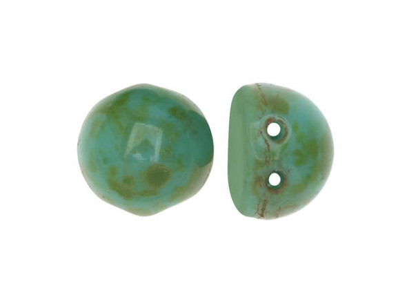 CzechMates Glass, 2-Hole Round Cabochon Beads 7mm Diameter, Opaque Turquoise Picasso