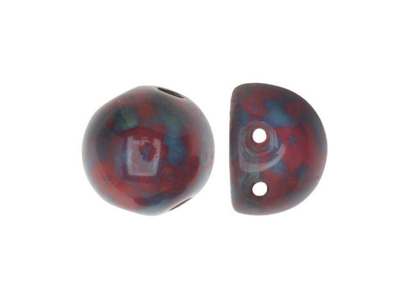 CzechMates Glass, 2-Hole Round Cabochon Beads 7mm Diameter, Opaque Red Picasso