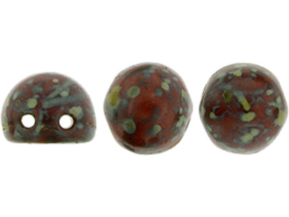 CzechMates Glass, 2-Hole Round Cabochon Beads 7mm Diameter, Opaque Red Picasso