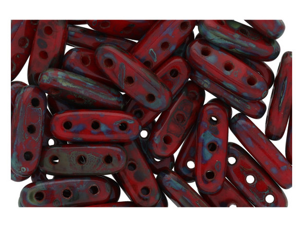 CzechMates Glass, 3-Hole Beam Beads 10x3.5mm, Opaque Red Picasso