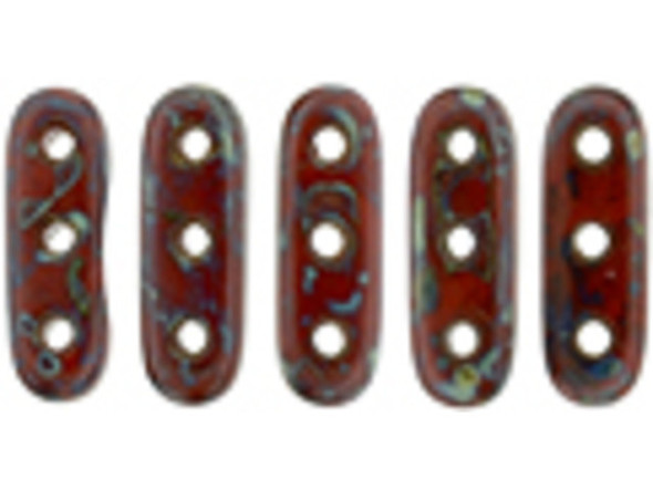 CzechMates Glass, 3-Hole Beam Beads 10x3.5mm, Opaque Red Picasso