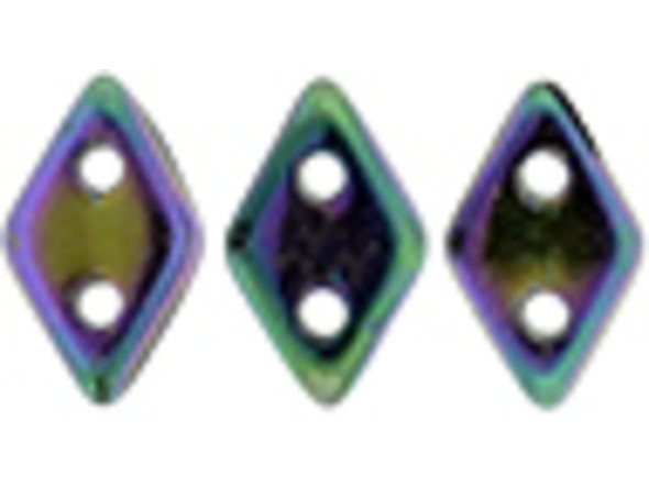 You'll love the magical style of these CzechMates Diamond Beads. These pressed glass beads are similar to the CzechMates Triangle bead, with two holes on the flat side. Like other CzechMates shapes, these Diamond Beads share the same hole spacing and are perfect for using with other CzechMates beads. The Diamond Bead works well for dimensional projects and also as an angled spacer. Use them in your bead weaving and stringing projects for unforgettable style. They feature metallic purple and gold color with green around the edges. 