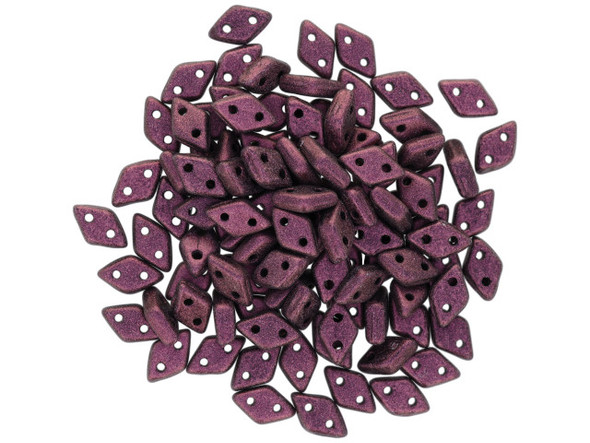 Fun color and shape combine in these CzechMates Diamond Beads. These pressed glass beads are similar to the CzechMates Triangle bead, with two holes on the flat side. Like other CzechMates shapes, these Diamond Beads share the same hole spacing and are perfect for using with other CzechMates beads. The Diamond Bead works well for dimensional projects and also as an angled spacer. Use them in your bead weaving and stringing projects for unforgettable style. They feature a purple-pink color with a soft metallic sheen. 