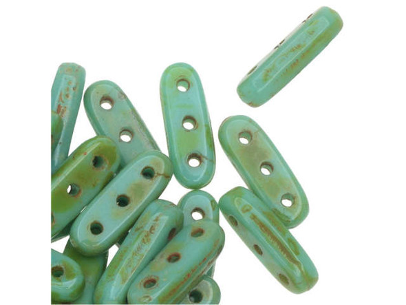 You'll love the organic look of these CzechMates beam beads. These beads feature an elongated oval beam shape with three stringing holes drilled through the flat surface. You can use them as spacer bars in multi-strand projects or try incorporating them into your bead weaving designs. They will add beautiful accents of color and unforgettable dimension however you decide to use them. They'll work nicely with other CzechMates beads. They feature turquoise color with a mottled brown finish. 