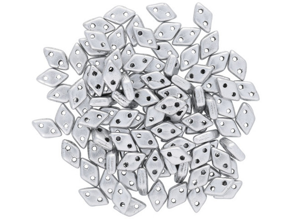 For something sleek, try these CzechMates Diamond Beads. These pressed glass beads are similar to the CzechMates Triangle bead, with two holes on the flat side. Like other CzechMates shapes, these Diamond Beads share the same hole spacing and are perfect for using with other CzechMates beads. The Diamond Bead works well for dimensional projects and also as an angled spacer. Use them in your bead weaving and stringing projects for unforgettable style. They feature a bright matte metallic silver color. 