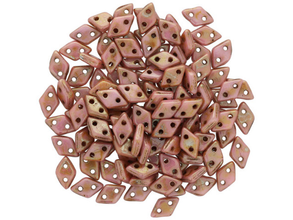 Put sweet accents in designs with these CzechMates Diamond Beads. These pressed glass beads are similar to the CzechMates Triangle bead, with two holes on the flat side. Like other CzechMates shapes, these Diamond Beads share the same hole spacing and are perfect for using with other CzechMates beads. The Diamond Bead works well for dimensional projects and also as an angled spacer. Use them in your bead weaving and stringing projects for unforgettable style. They feature mottled pink and brown color with a golden gleam. 