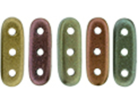 Accent your jewelry designs with amazing style using these CzechMates beam beads. These beads feature an elongated oval beam shape with three stringing holes drilled through the flat surface. You can use them as spacer bars in multi-strand projects or try incorporating them into your bead weaving designs. They will add beautiful accents of color and unforgettable dimension however you decide to use them. They'll work nicely with other CzechMates beads. They feature bronze, purple, green, and coppery colors with a soft metallic sheen. 