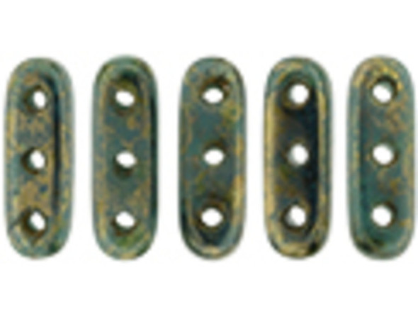 A fascinating display fills these CzechMates beam beads. These beads feature an elongated oval beam shape with three stringing holes drilled through the flat surface. You can use them as spacer bars in multi-strand projects or try incorporating them into your bead weaving designs. They will add beautiful accents of color and unforgettable dimension however you decide to use them. They'll work nicely with other CzechMates beads. They feature rich turquoise color with a marbled gold finish. 