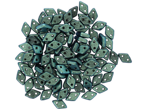 For an enchanting display, try these CzechMates Diamond Beads. These pressed glass beads are similar to the CzechMates Triangle bead, with two holes on the flat side. Like other CzechMates shapes, these Diamond Beads share the same hole spacing and are perfect for using with other CzechMates beads. The Diamond Bead works well for dimensional projects and also as an angled spacer. Use them in your bead weaving and stringing projects for unforgettable style. They feature forest green color tinged with a teal sheen. 