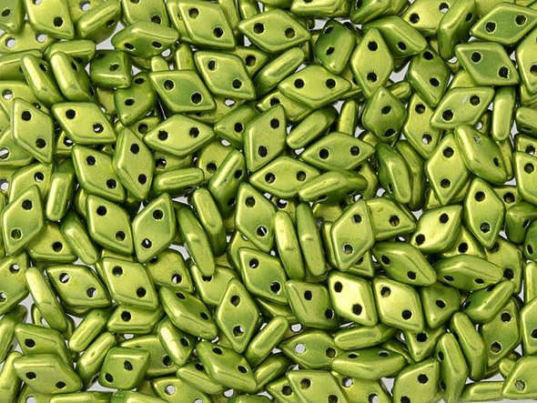 Fresh metallic lime green color fills these CzechMates Diamond Beads. These pressed Czech glass beads are similar to the CzechMates Triangle bead, with two holes on the flat side. Like other CzechMates shapes, these Diamond Beads share the same hole spacing and are perfect for using with other CzechMates beads. The Diamond Bead works well for dimensional projects and also as an angled spacer. Use them in your bead weaving and stringing projects for unforgettable style. 