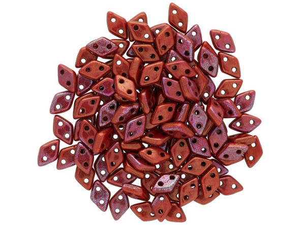 CzechMates Glass, 2-Hole Diamond Beads 4x6mm, 8 Grams, Bronze Luster Iris - Opaque Red