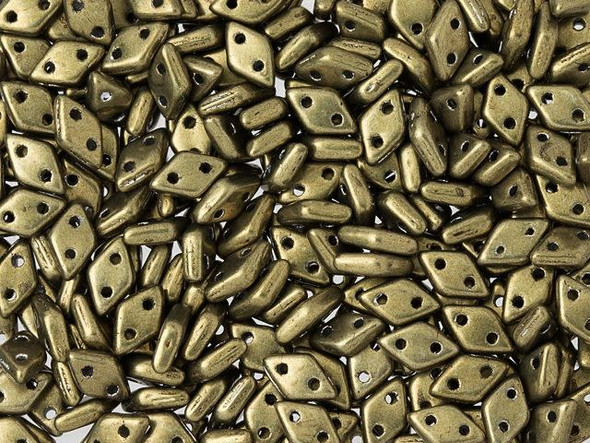 Bring antique metallic gold beauty to designs with these CzechMates Diamond Beads. These pressed Czech glass beads are similar to the CzechMates Triangle bead, with two holes on the flat side. Like other CzechMates shapes, these Diamond Beads share the same hole spacing and are perfect for using with other CzechMates beads. The Diamond Bead works well for dimensional projects and also as an angled spacer. Use them in your bead weaving and stringing projects for unforgettable style. 