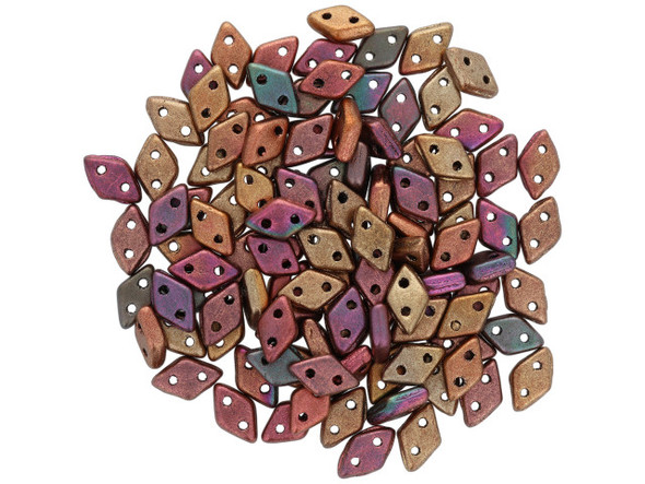 Gorgeous metallic tones come together in these CzechMates Diamond Beads. These pressed glass beads are similar to the CzechMates Triangle bead, with two holes on the flat side. Like other CzechMates shapes, these Diamond Beads share the same hole spacing and are perfect for using with other CzechMates beads. The Diamond Bead works well for dimensional projects and also as an angled spacer. Use them in your bead weaving and stringing projects for unforgettable style. They feature matte metallic gold, bronze, purple, and green colors. 