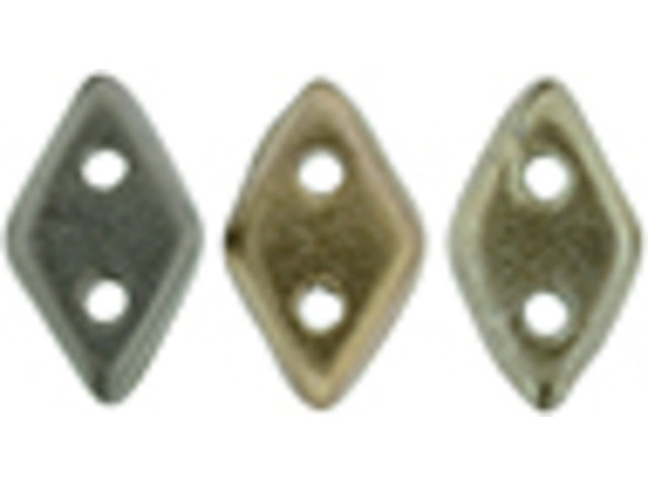 Create a sleek style with these CzechMates Diamond Beads. These pressed glass beads are similar to the CzechMates Triangle bead, with two holes on the flat side. Like other CzechMates shapes, these Diamond Beads share the same hole spacing and are perfect for using with other CzechMates beads. The Diamond Bead works well for dimensional projects and also as an angled spacer. Use them in your bead weaving and stringing projects for unforgettable style. They feature matte metallic grey and gold tones. 