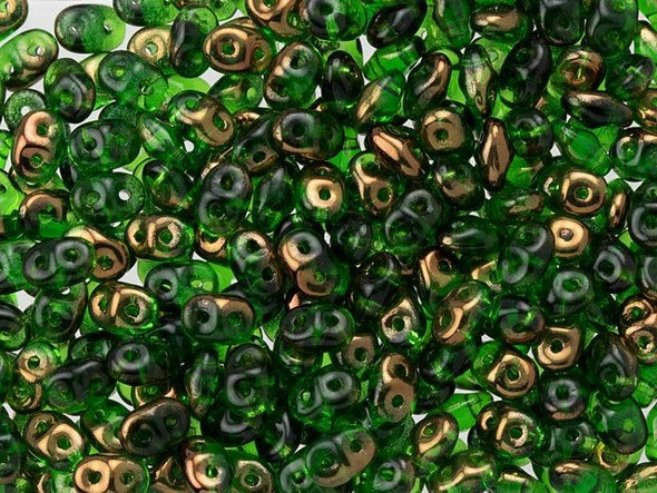 Rich green color combines with a metallic bronze color in these Matubo SuperDuo beads. Create intricate jewelry designs with Czech glass seed beads! Featuring a unique shape and two stringing holes, these seed beads add a special touch of creativity to your designs. They have tapered edges and nest up nicely when strung, making them ideal for floral and woven designs. Add a special touch to your jewelry with Czech glass seed beads!  
