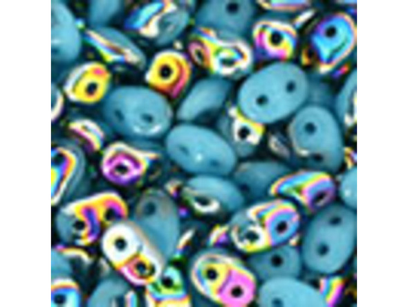 Soft blue color combines with an iridescent rainbow shine in these Matubo SuperDuo beads. Create intricate jewelry designs with Czech glass seed beads! Featuring a unique shape and two stringing holes, these seed beads add a special touch of creativity to your designs. They have tapered edges and nest up nicely when strung, making them ideal for floral and woven designs. Add a special touch to your jewelry with Czech glass seed beads!  