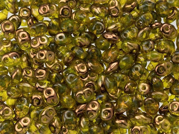 Yellow-green color combines with a metallic bronze shine in these Matubo SuperDuo beads. Create intricate jewelry designs with Czech glass seed beads! Featuring a unique shape and two stringing holes, these seed beads add a special touch of creativity to your designs. They have tapered edges and nest up nicely when strung, making them ideal for floral and woven designs. Add a special touch to your jewelry with Czech glass seed beads!  